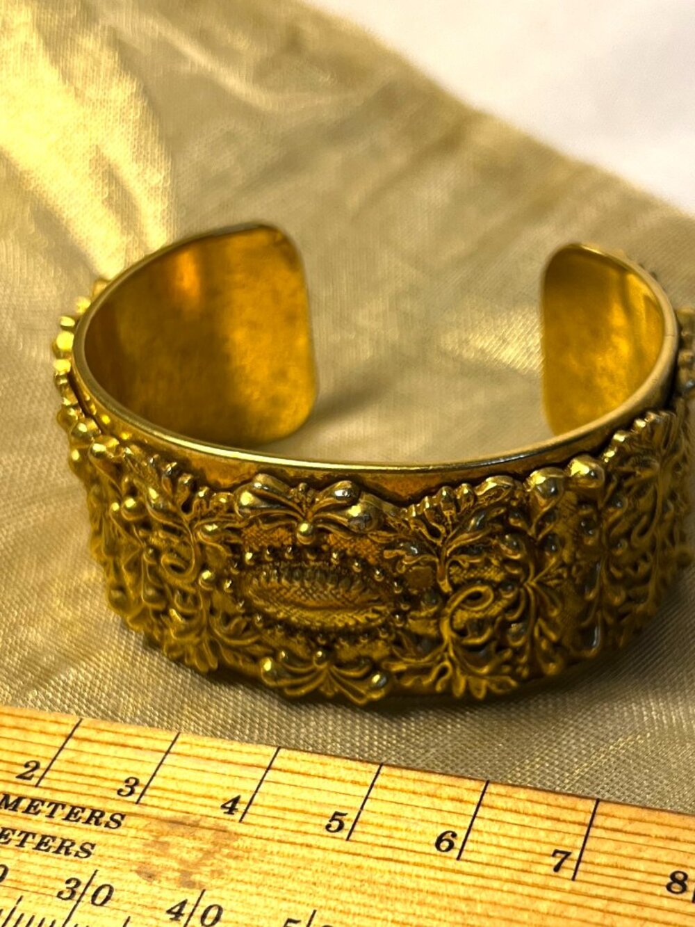 Vintage Gold-Tone Repoussé Cuff Bracelet Ornate Floral Wide Statement - SB5D3